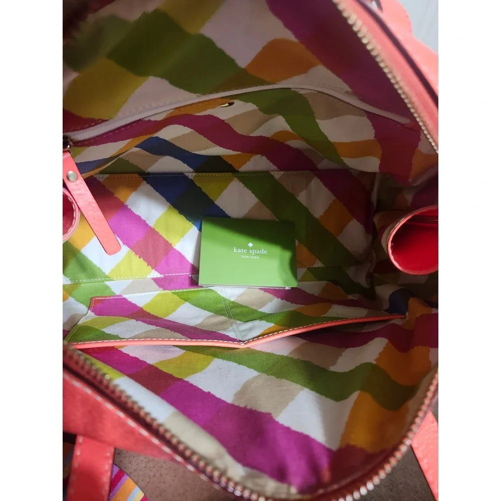 Kate Spade Coral Pink Pebbled Leather Bowler Satchel Bag Plaid Interior Dome